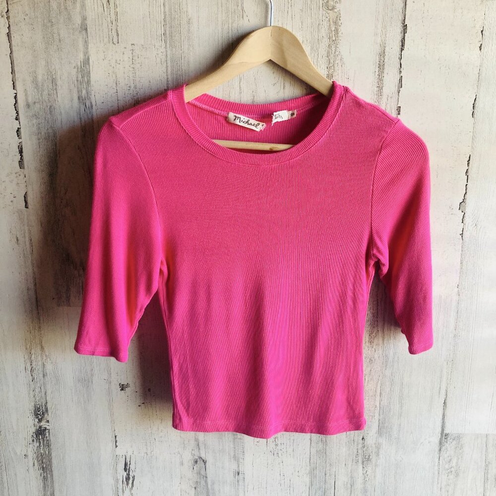 NWOT $78 Michael Stars Elbow Sleeve Crop Crewneck Tee Ribbed Knit Top Hot Pink